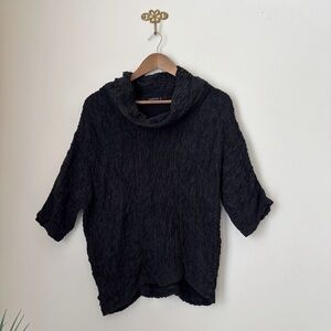 Grizas Black Crinkled Plisse Silk Cowl Neck Blouse XL